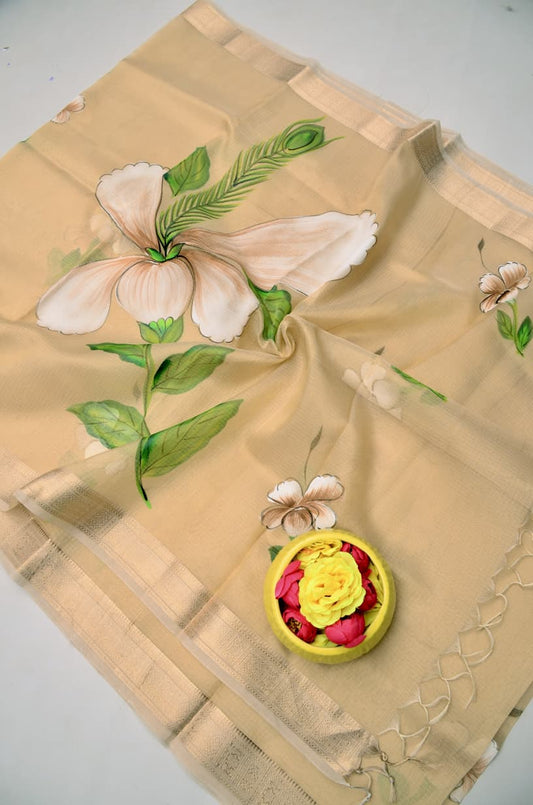Kota Doria Semi Silk Hand Painted Saree