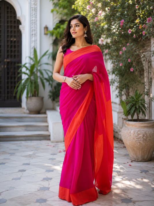 Pink and Orange Mulmul Cotton Saree