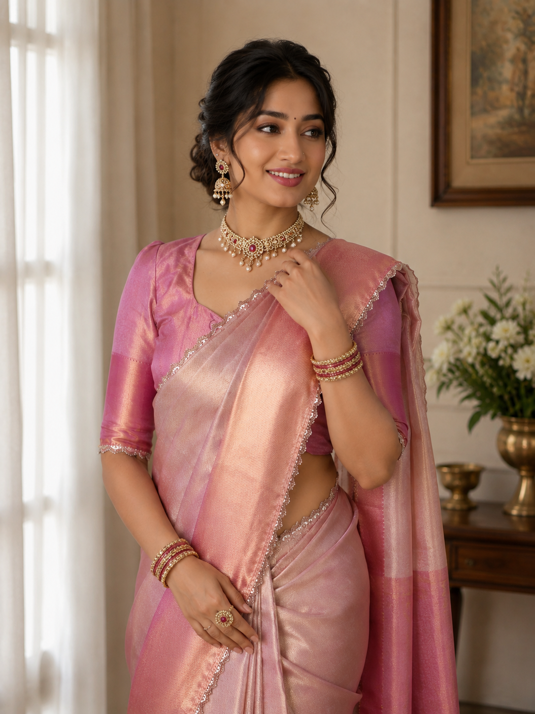 Kanjivaram Tissue Lace Work Saree