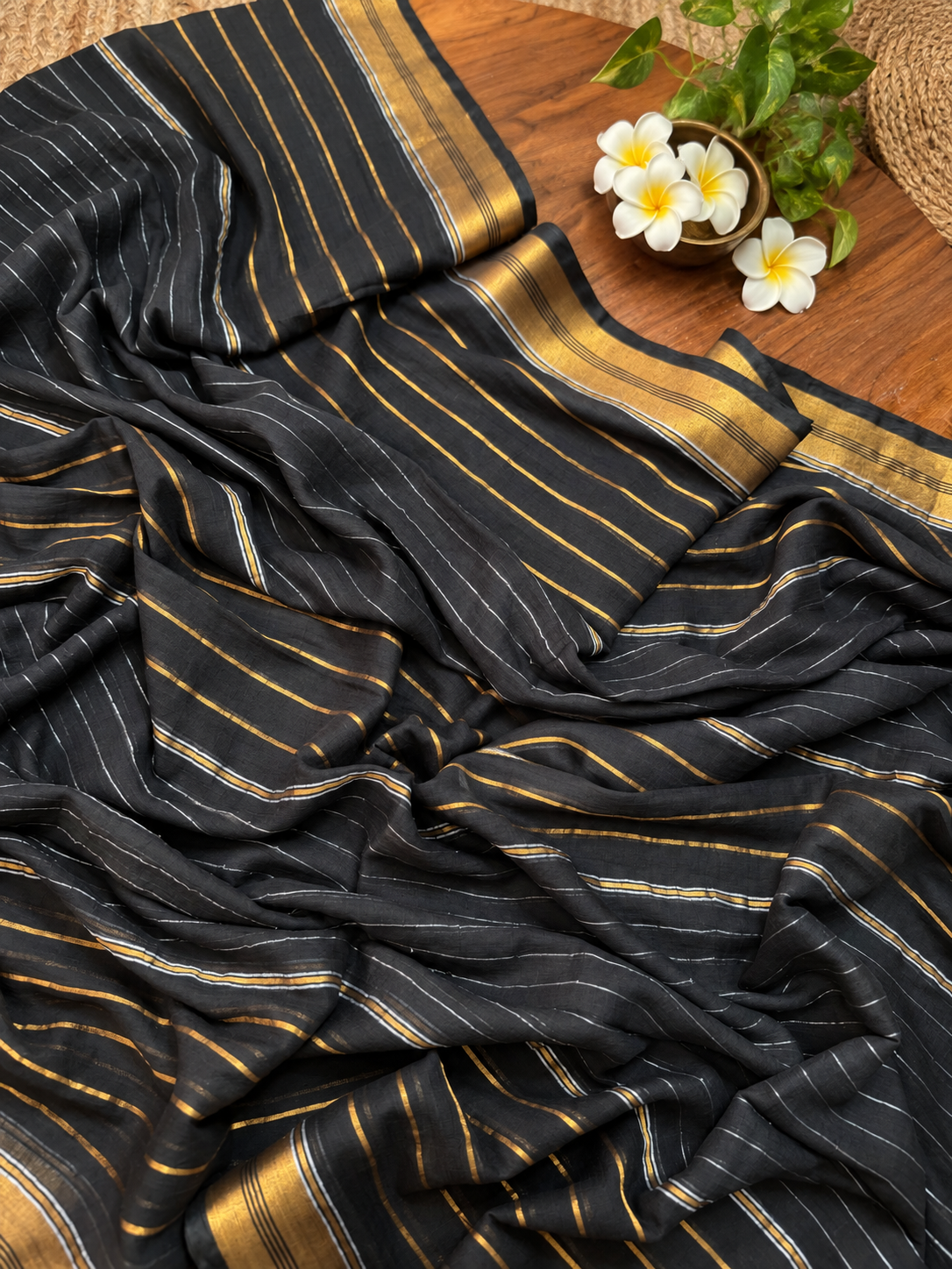 Black Mulmul Cotton Saree with Golden Stripes