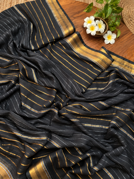 Black Mulmul Cotton Saree with Golden Stripes