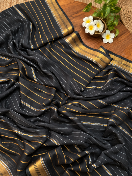 Black Mulmul Cotton Saree with Golden Stripes