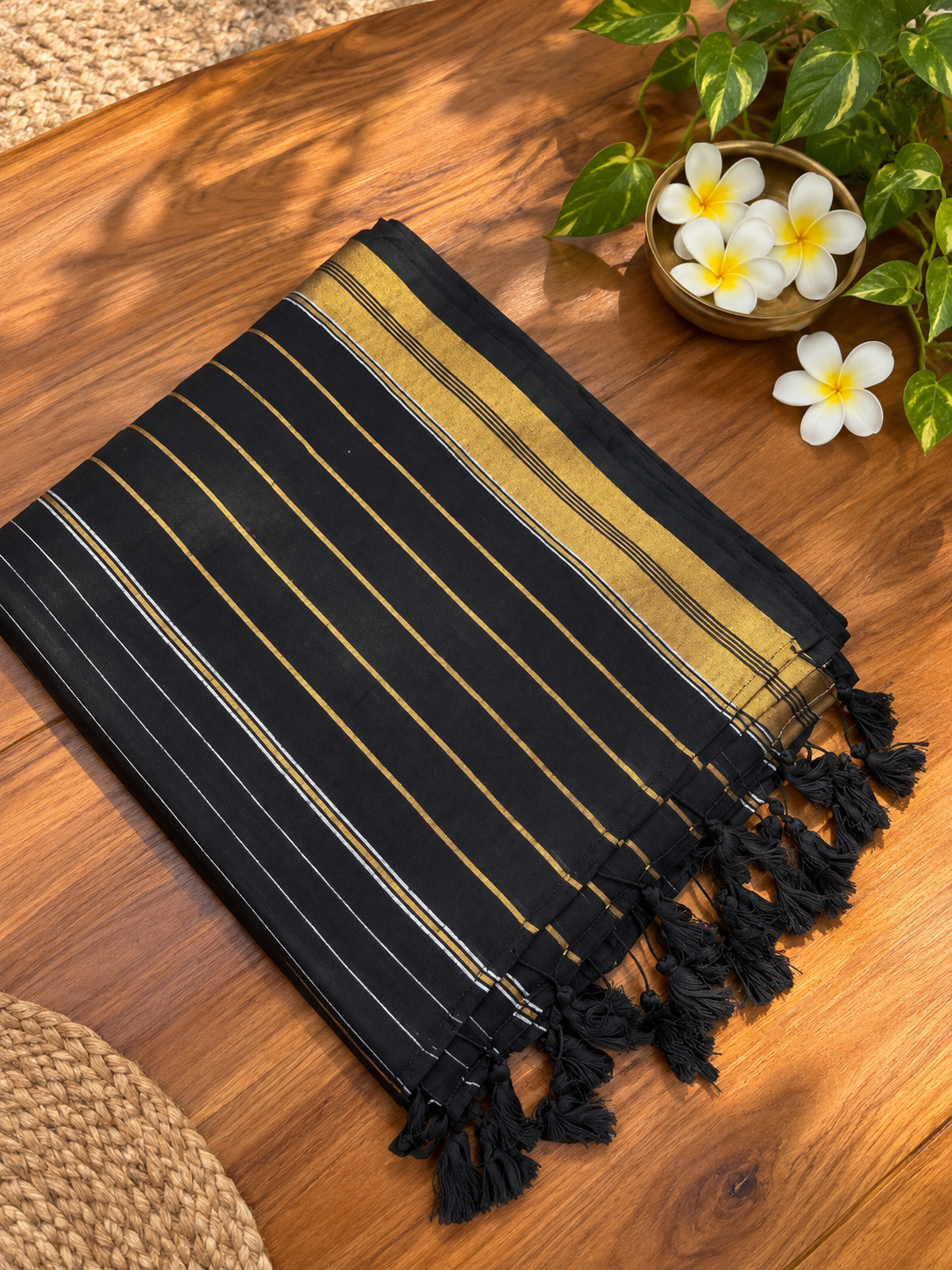 Black Mulmul Cotton Saree with Golden Stripes
