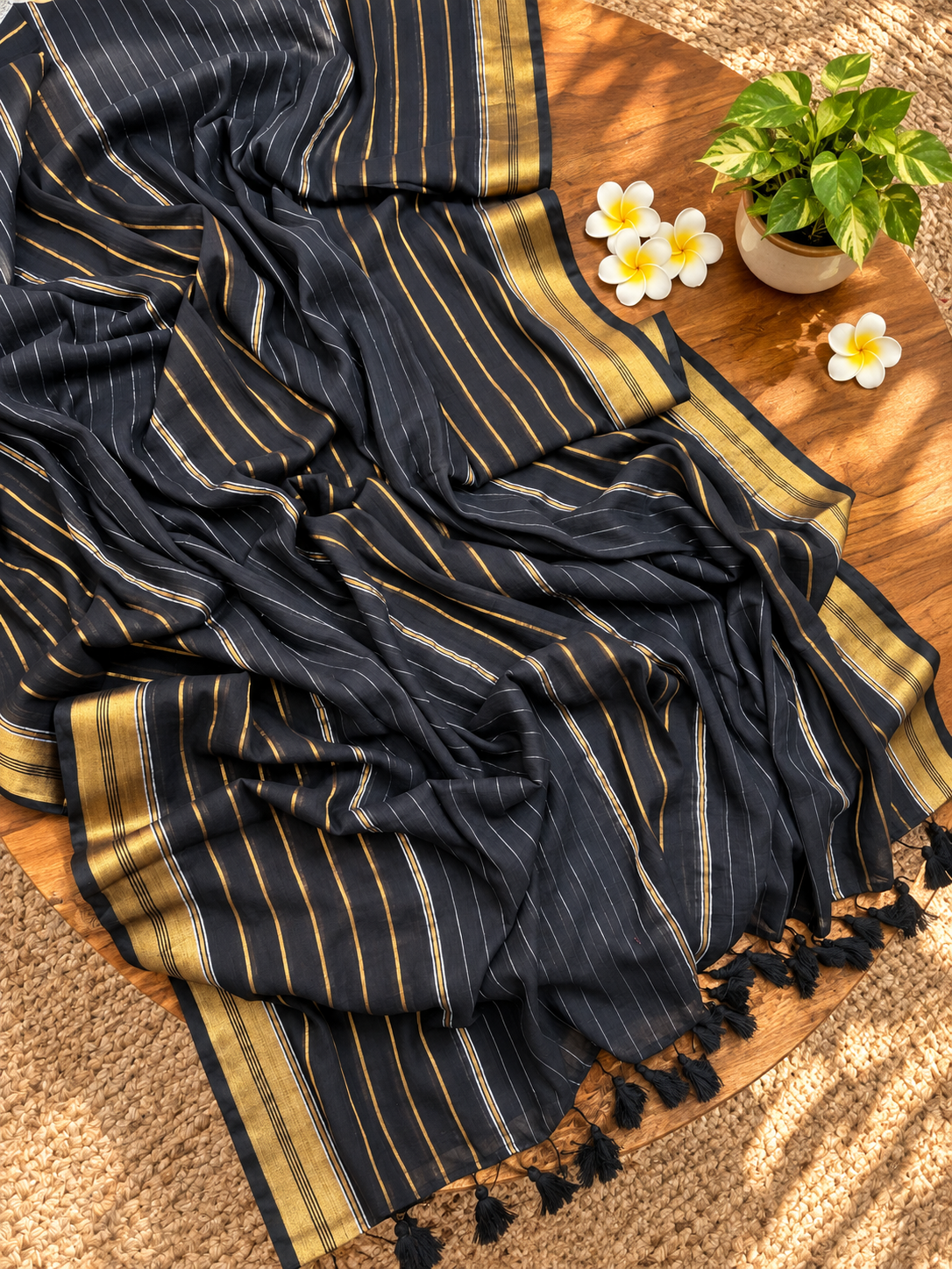 Black Mulmul Cotton Saree with Golden Stripes
