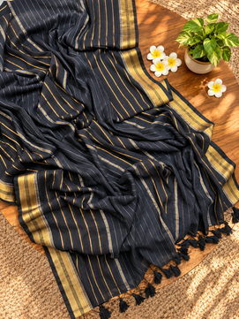 Black Mulmul Cotton Saree with Golden Stripes