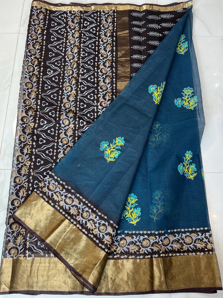 Kota Doria Pure Cotton Hand Block Printed Saree