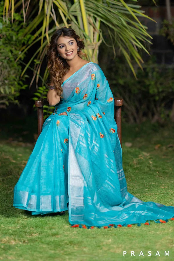Linen Saree with Embroidery Work