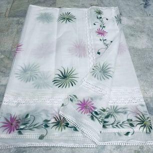 Kota Doria Crochet Lace Saree with Hand Painting