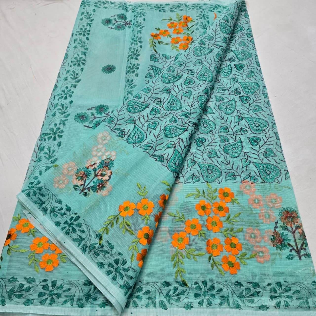 Kota Doria Embroidery Saree with Hand Block Print