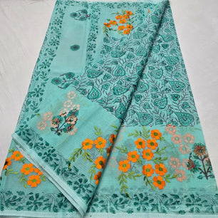 Kota Doria Embroidery Saree with Hand Block Print