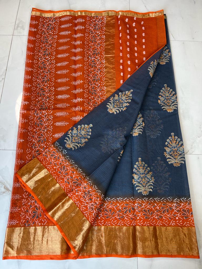 Kota Doria Pure Cotton Hand Block Printed Saree