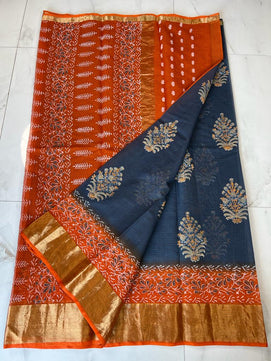 Kota Doria Pure Cotton Hand Block Printed Saree