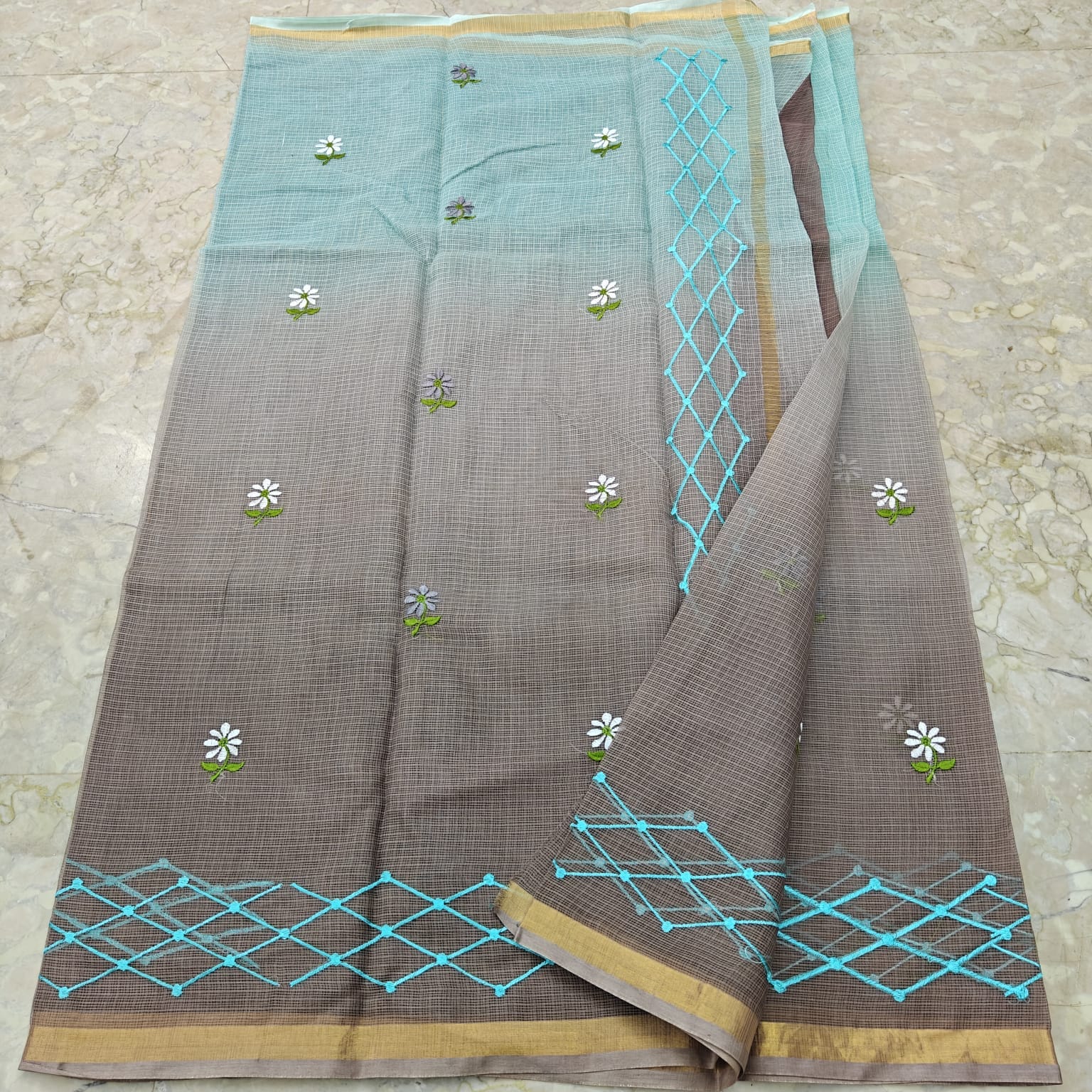 Kota Doria Pure Cotton Saree with Hand Machine Embroidery