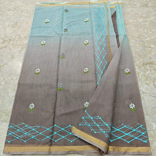 Kota Doria Pure Cotton Saree with Hand Machine Embroidery