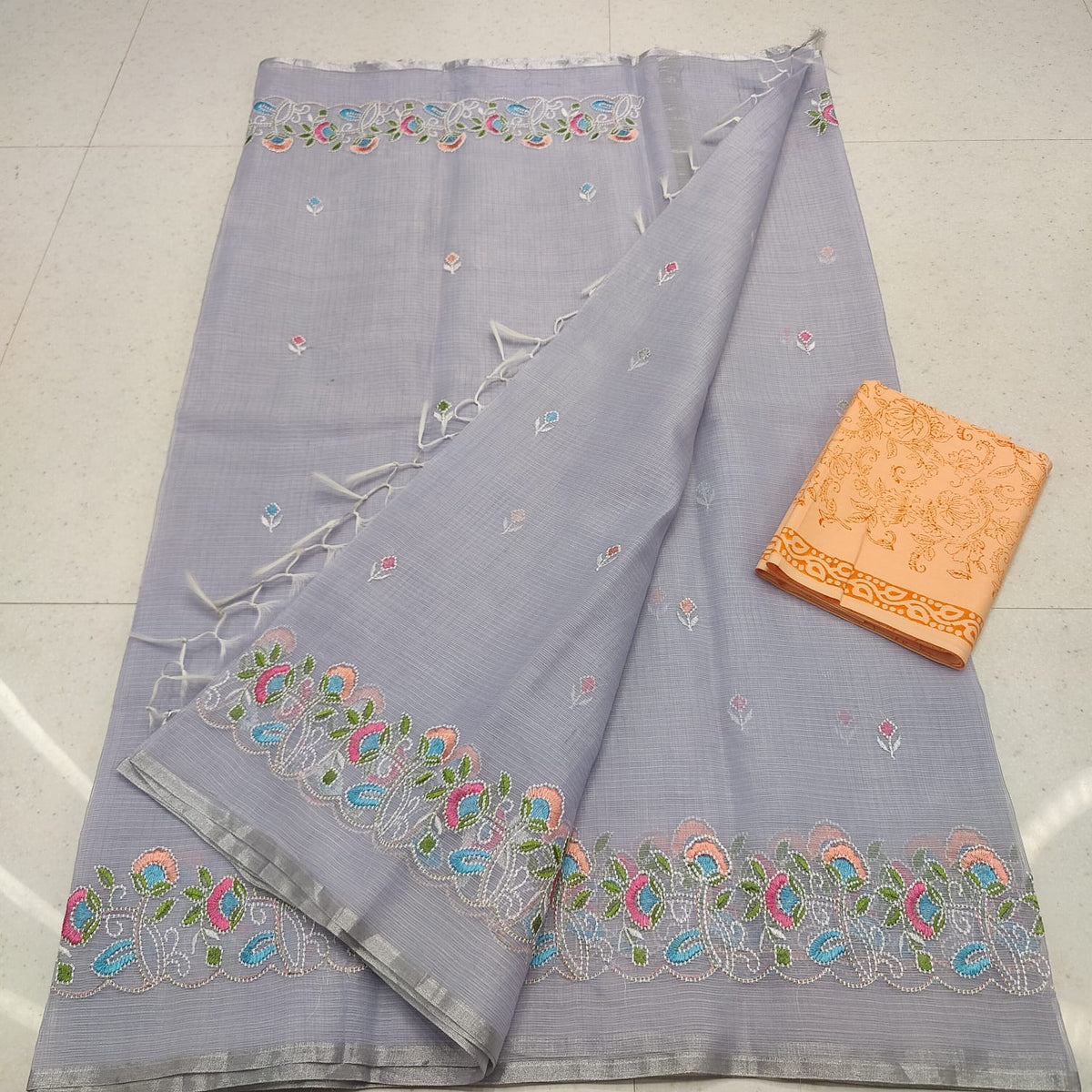 Kota Doria Mix Cotton Saree with Computerized Embroidery