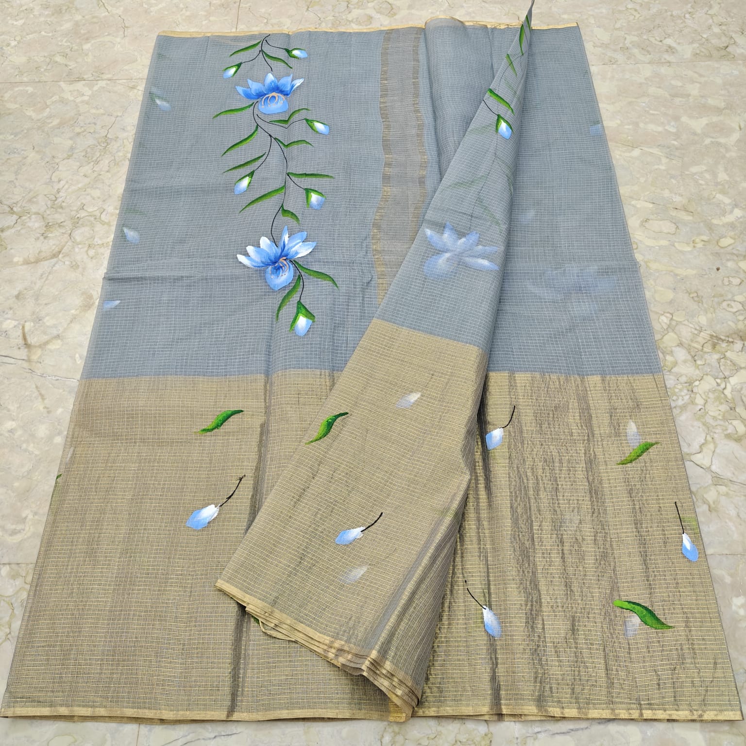 Pure Cotton Kota Half Tissue Hand Brush Paint Saree