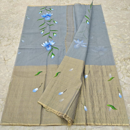 Pure Cotton Kota Half Tissue Hand Brush Paint Saree