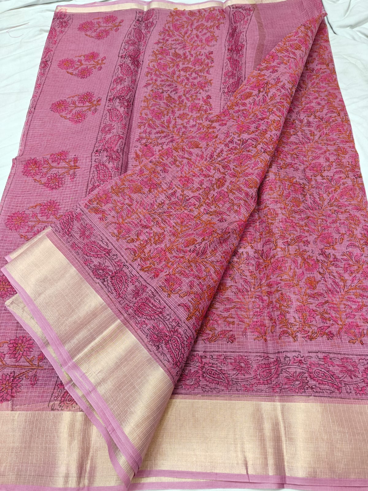 Kota Doria Pure Cotton Hand Dye with Hand Block Print Saree
