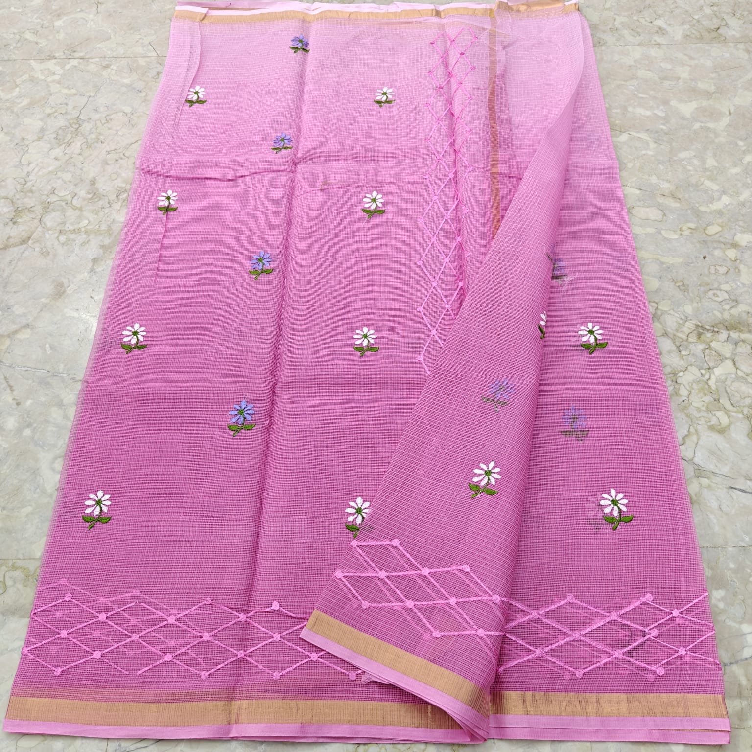 Kota Doria Pure Cotton Saree with Hand Machine Embroidery