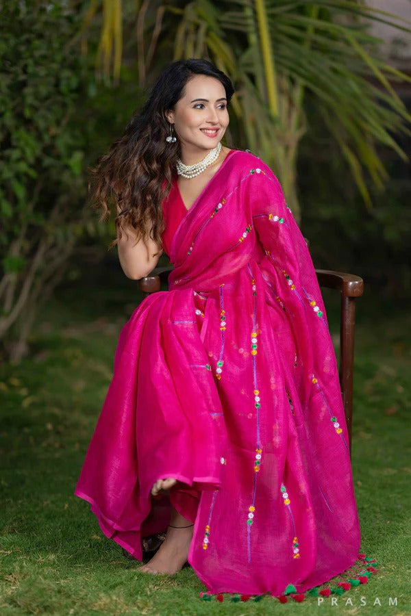 Linen Saree with Embroidery Work