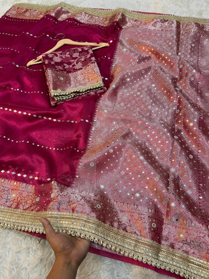 Bridal Tissue Saree with Lace & Stone Work