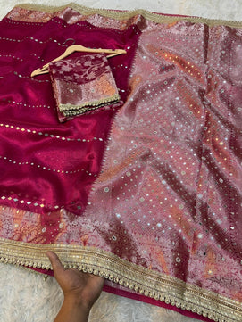 Bridal Tissue Saree with Lace & Stone Work