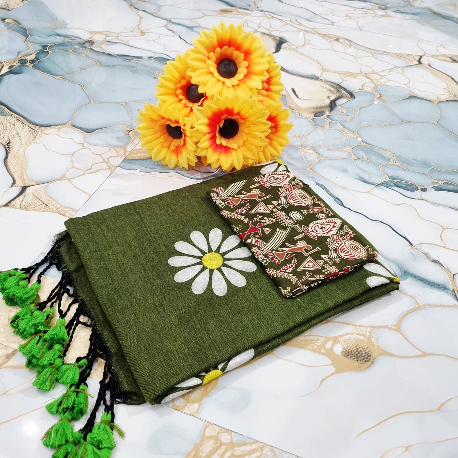 Sunflower Hand Print Saree