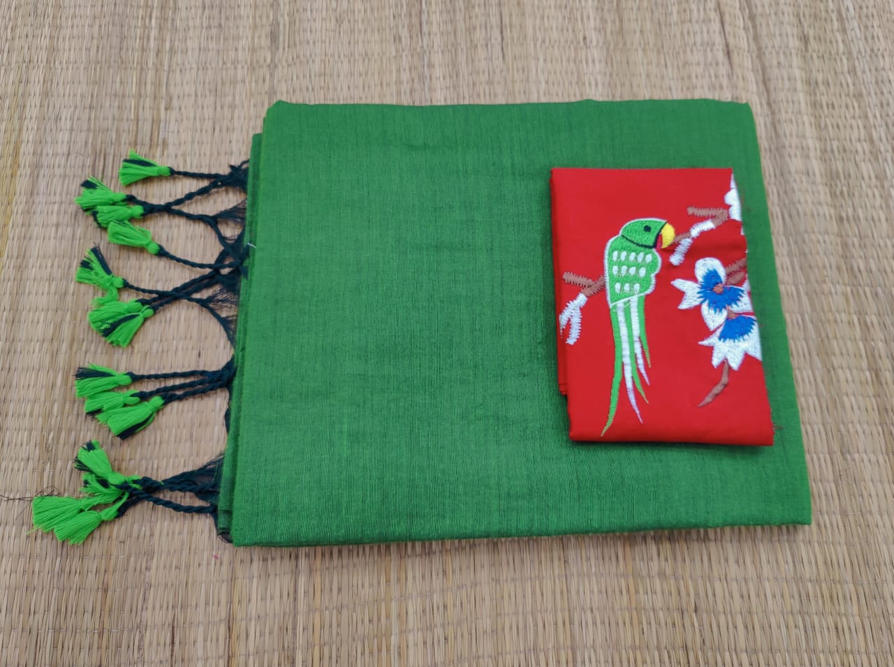 Plain cotton saree with embroidered blouse piece