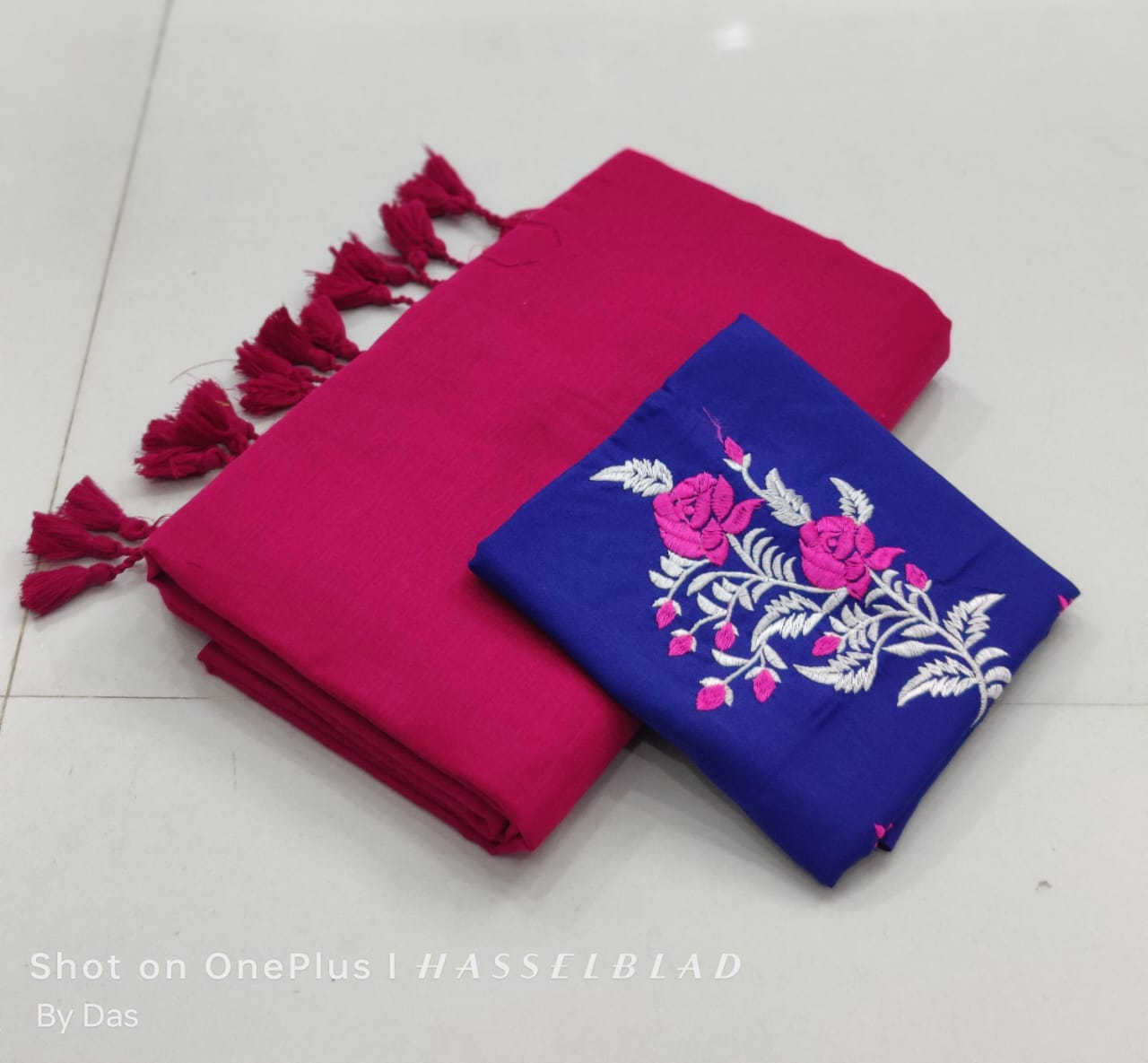 Plain cotton saree with embroidered blouse piece