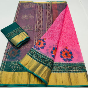 Kota Doria Pure Cotton Hand-Dyed Block Print Saree