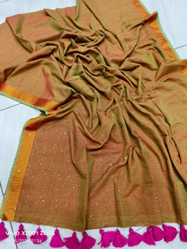 Handloom Sequins Cotton Saree with Zari Border