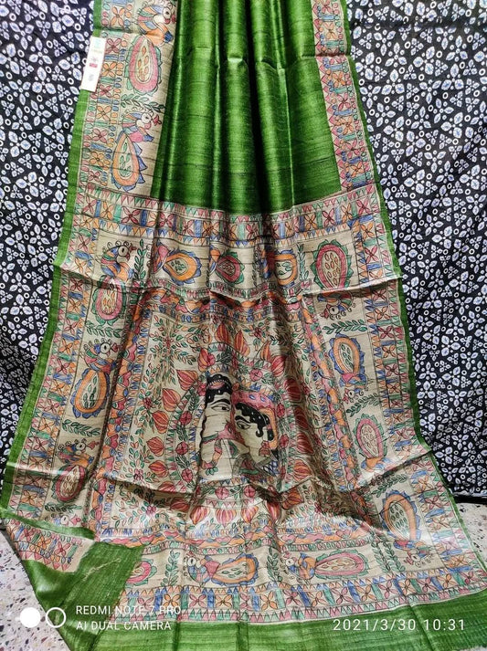 Handloom Tussar Ghicha Silk Saree with Hand-Painted Madhubani