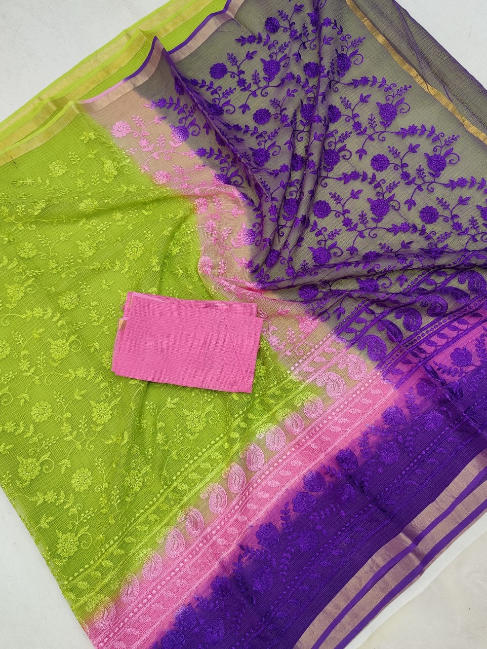 Pure Cotton Kota Doria Chikankari Saree