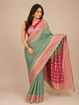 Exclusive Bridal Katan Georgette Saree with Lace & Aari Work