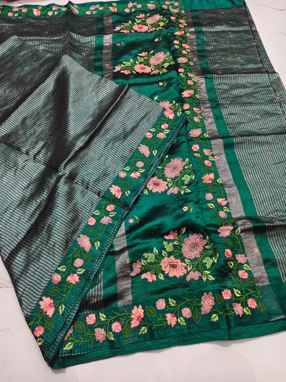 Tissue Stripe Saree with Embroidery Work