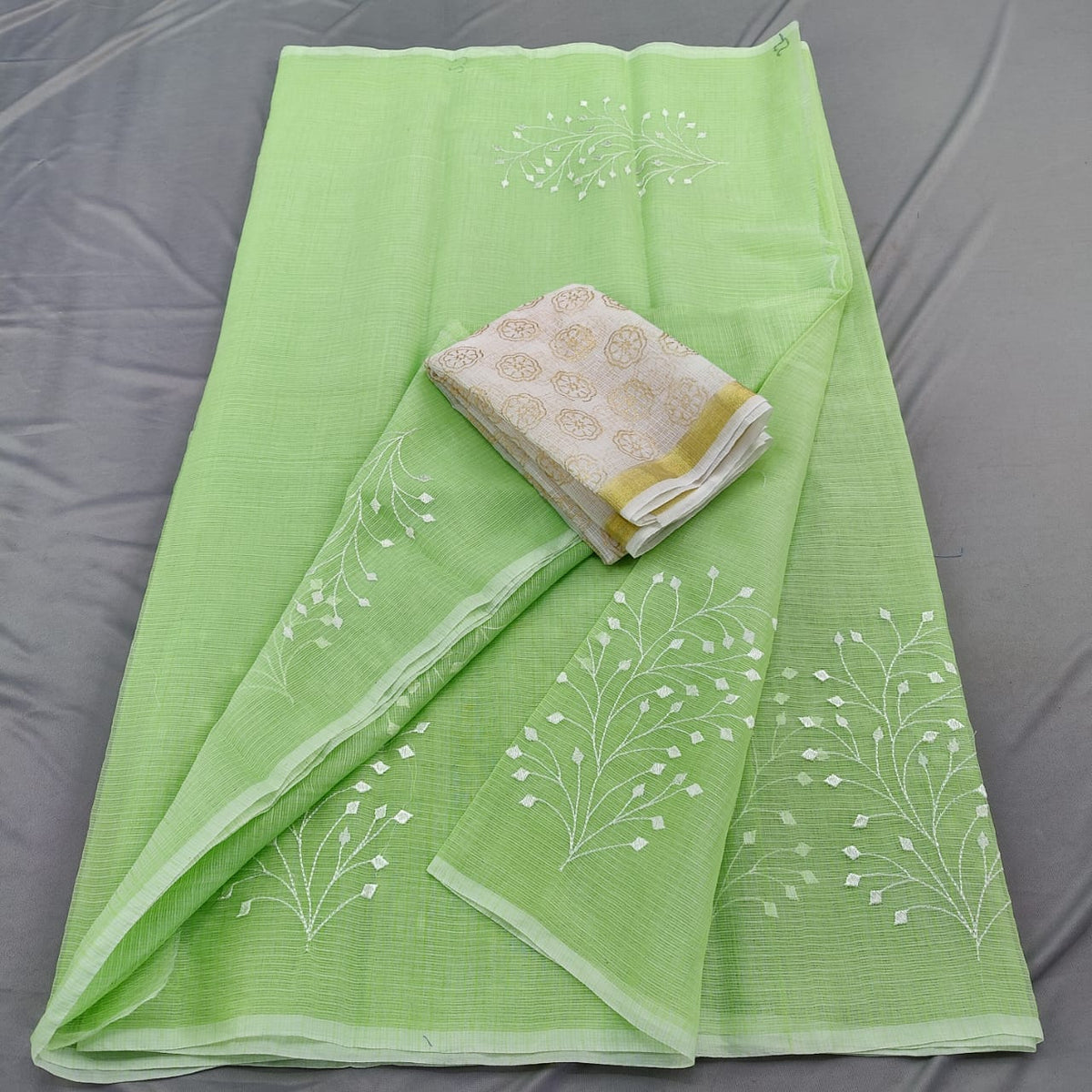 Kota Doria Mix Cotton Saree with Hand Machine Embroidery