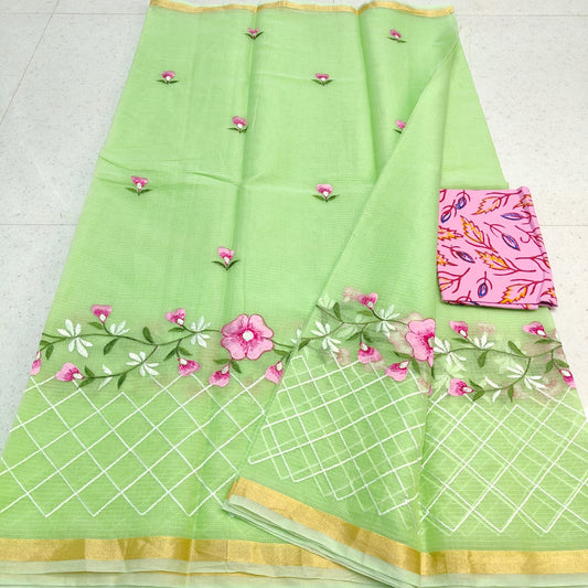 Kota Doria Mix Cotton Saree with Embroidery