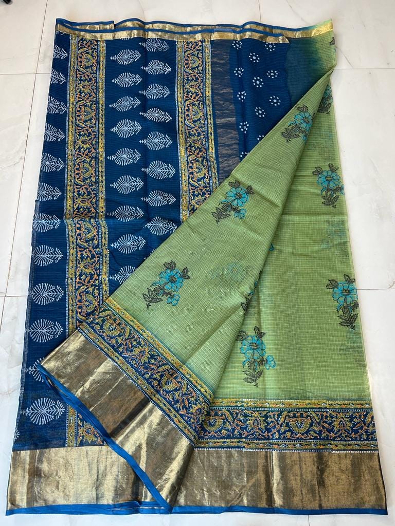 Kota Doria Pure Cotton Hand Block Printed Saree