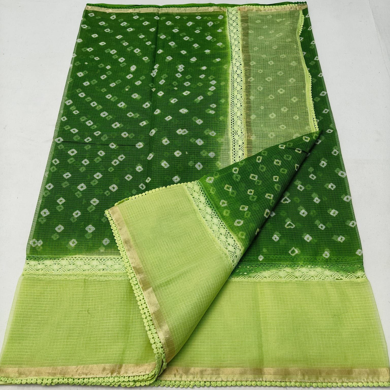 Kota Doria Bandhej Saree with Croatia Lace