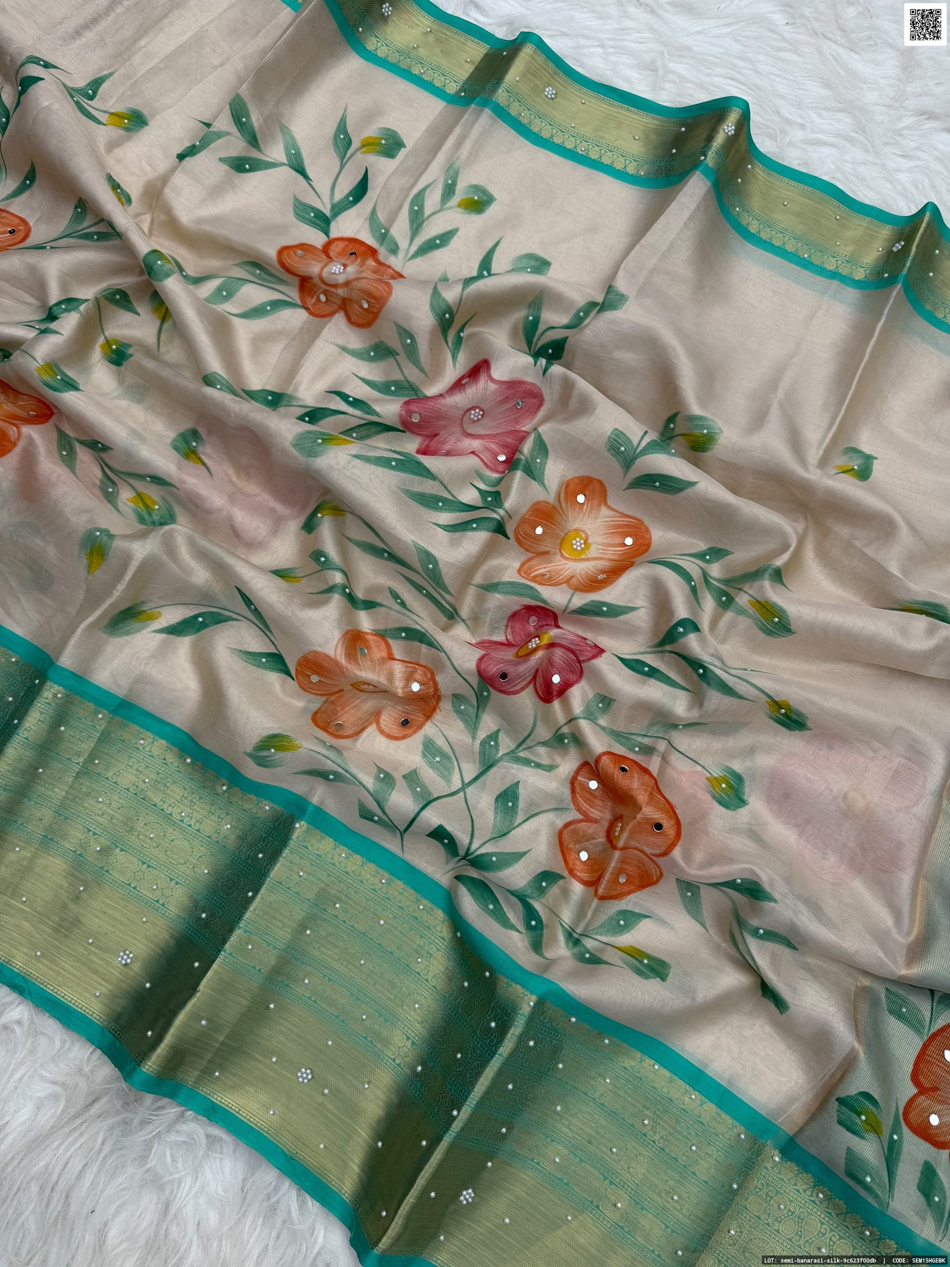 Hand Printed Tissue Bridal Saree with Mirror & Lace Work