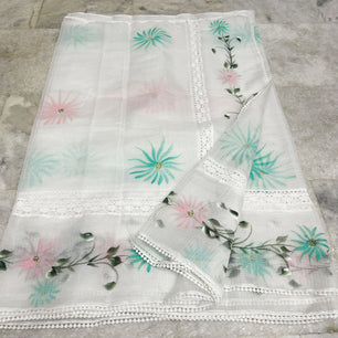 Kota Doria Crochet Lace Saree with Hand Painting