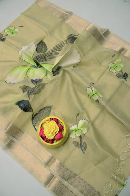 Kota Doria Semi Silk Hand Painted Saree