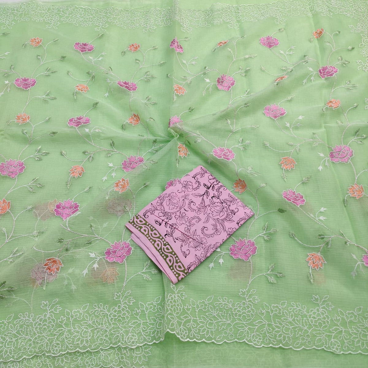 Kota Doria Mix Cotton Saree with Embroidery