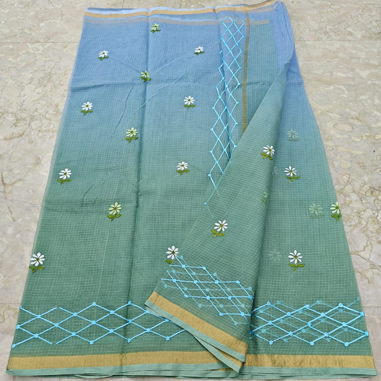Kota Doria Pure Cotton Saree with Hand Machine Embroidery