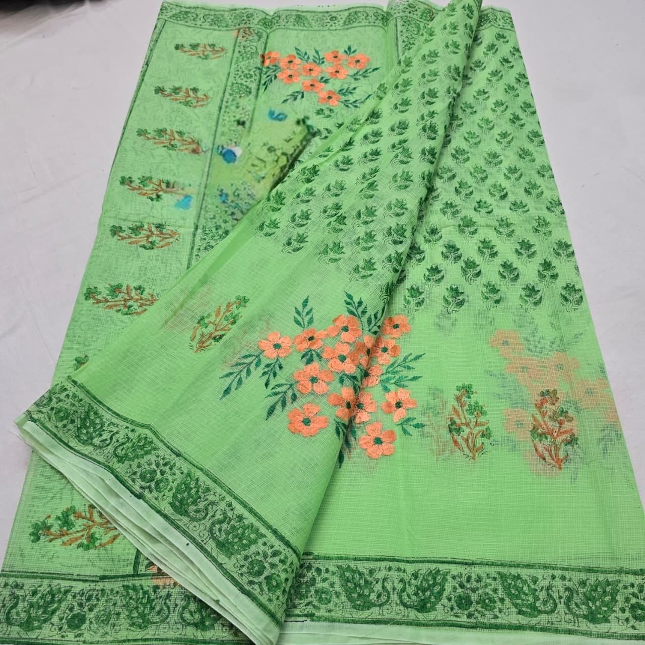 Kota Doria Embroidery Saree with Hand Block Print