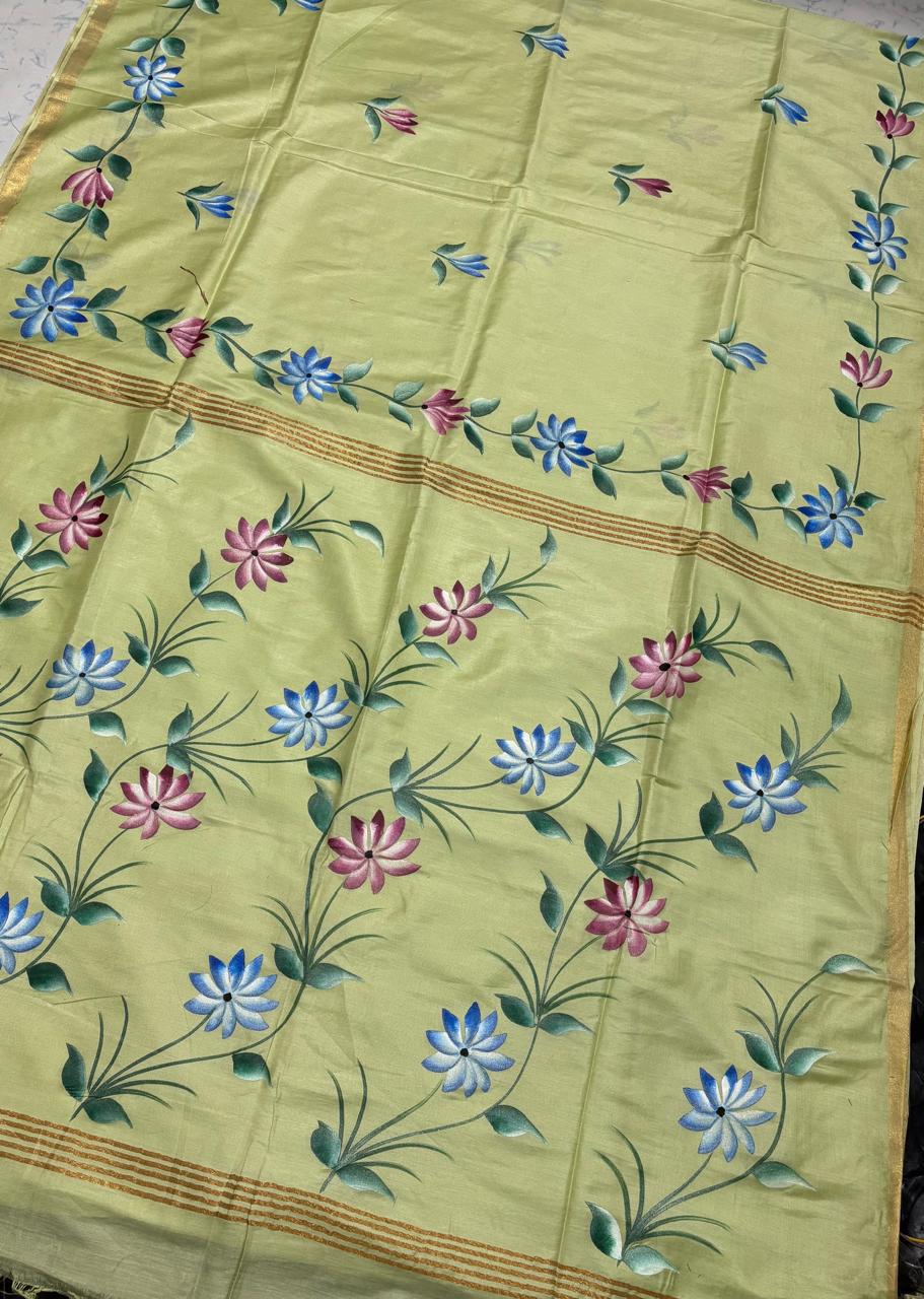Katan Silk Saree with Hand Brush Painting
