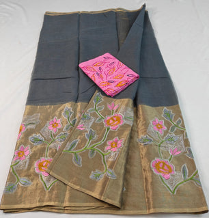 Pure Cotton Kota Doria Half Tissue Embroidery Saree