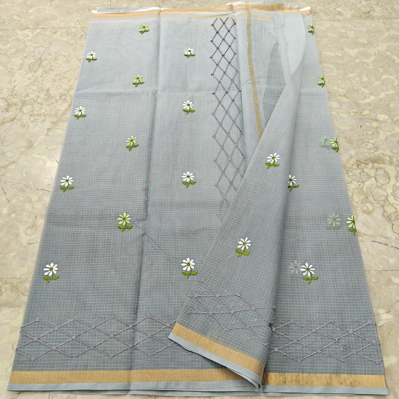 Kota Doria Pure Cotton Saree with Hand Machine Embroidery