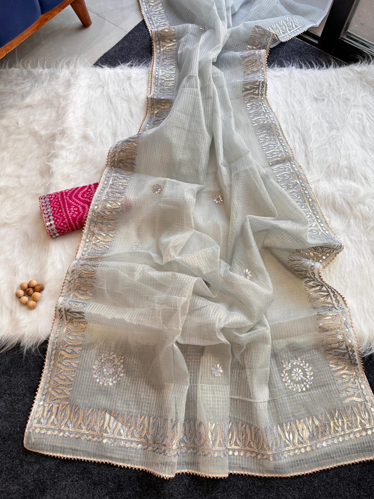Kota Doria Jugnu Checks Saree With Gotta Patti Work