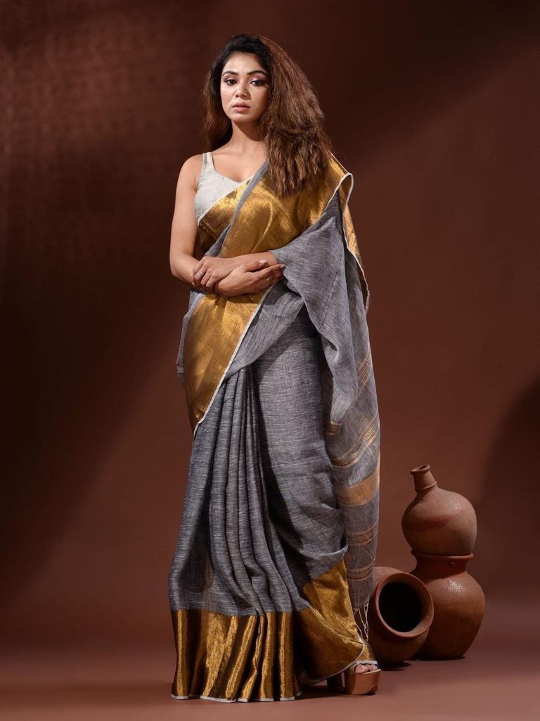 Linen Saree with Copper Zari Border